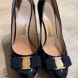 Salvatore Ferragamo Black Patent Heels with Gold Accent